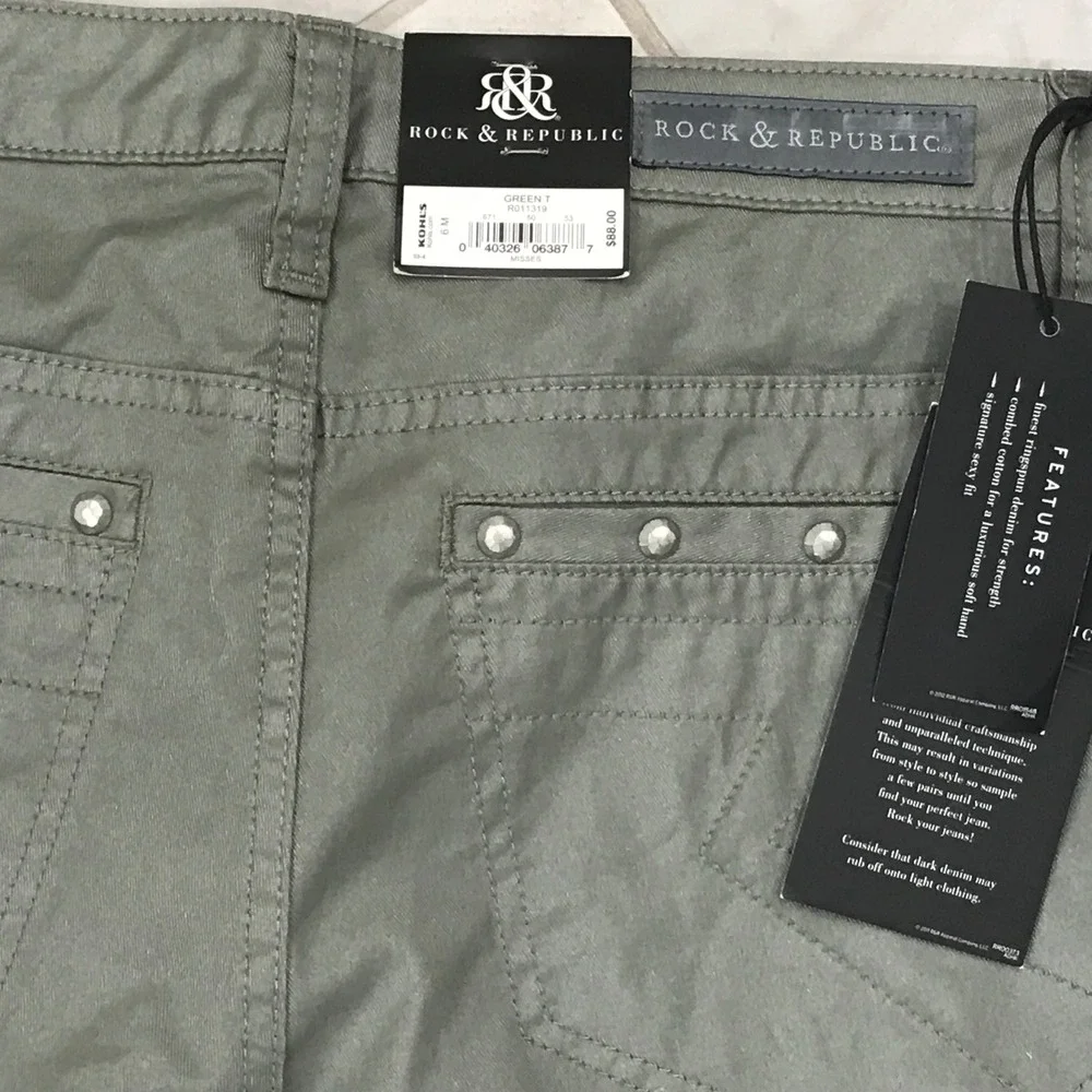 Rock & Republic Harlett Trouser Pants Olive Green Studded Slim Straight 6M NEW - Picture 6 of 9